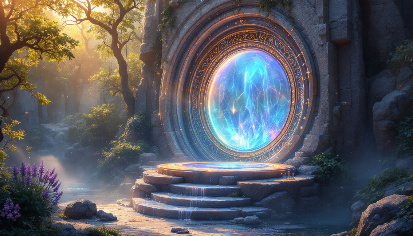 An opal doorway opening onto a starlit mountain